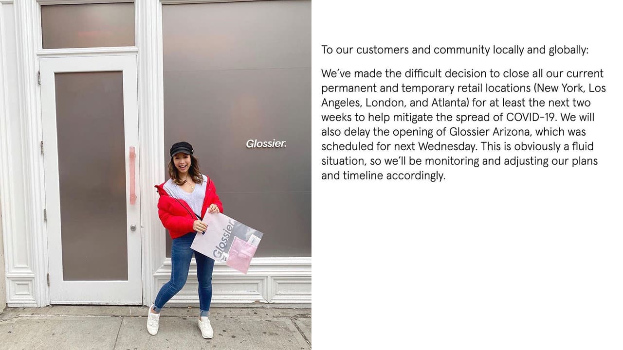 Las tiendas de Glossier en Nueva York, Los Ángeles, Londres y Atlanta estarán cerradas para las próximas dos semanas.