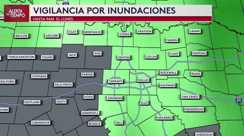 <h3 class="cms-H3-H3">Vigilancia</h3>
<h3 class="cms-H3-H3"> </h3>por inundaciones en el norte de Texas hasta el lunes en la mañana 💧
<br>La lluvia intensa que llegará con las tormentas
<b> podría provocar acumulaciones peligrosas de agua, sobre todo en zonas bajas o con mal drenaje.</b> Por eso,
<b> gran parte del norte de Texas, incluyendo Dallas, Fort Worth, Denton y Tarrant, está bajo vigilancia por posibles inundaciones hasta las 9 de la mañana del lunes.</b> Nuestra meteoróloga Nelly Carreño recomienda 
<b>evitar manejar de noche por áreas propensas a encharcamientos. </b>Si ves una calle inundada, no te arriesgues: 
<b>da la vuelta. Más vale prevenir.</b>
