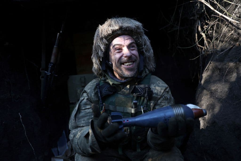 A Ukrainian serviceman holds mortar's ammunition in a position not far from Bakhmut, Donetsk region on January 27, 2023, amid Russian invasion of Ukraine.