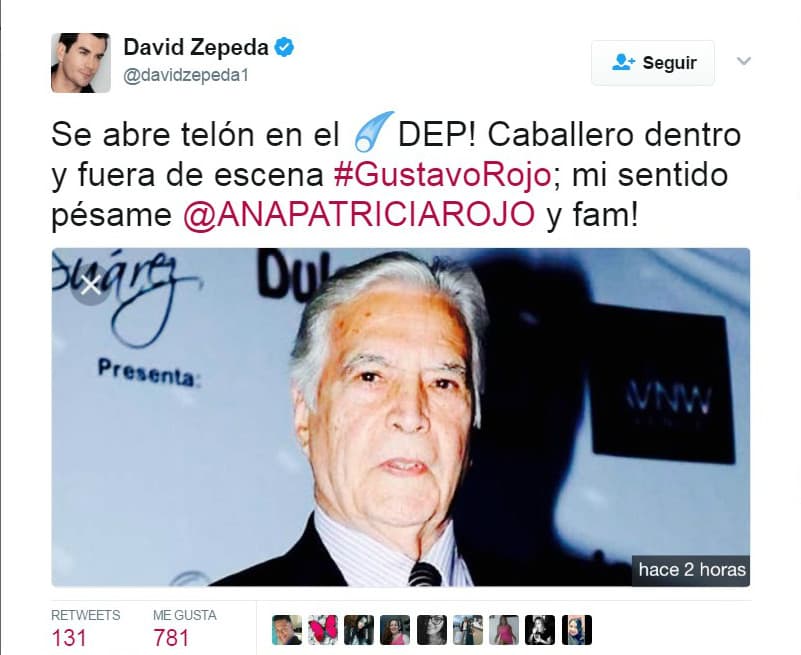 En el año 2012
<b><a href="http://www.univision.com/temas/david-zepeda">David Zepeda</a></b> y
<b><a href="http://www.univision.com/temas/gustavo-rojo">Gustavo Rojo</a></b> actuaron juntos en 'Abismo de pasión'.
<b><a href="http://www.univision.com/temas/david-zepeda">Zepeda</a></b> no dudó en despedirse del actor en redes sociales "¡Se abre el telón en el cielo DEP! Caballero dentro y fuera de escena #GustavoRojo; mi sentido pésame @ANAPATRICIAROJO y fam".