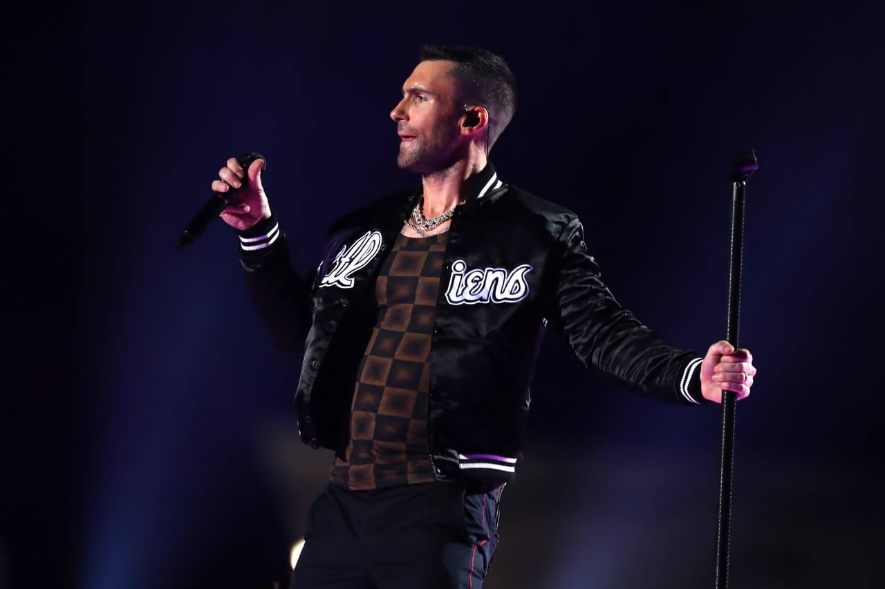 ATLANTA, GEORGIA - FEBRUARY 03: Adam Levine of Maroon 5 performs during the Pepsi Super Bowl LIII Halftime Show at Mercedes-Benz Stadium on February 03, 2019 in Atlanta, Georgia. (Photo by Al Bello/Getty Images)