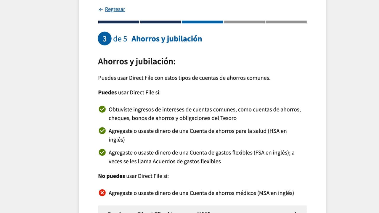 Avanzando por el formulario, Free File te seguirá haciendo preguntas sobre tus ingresos, como los ahorros y la jubilación.