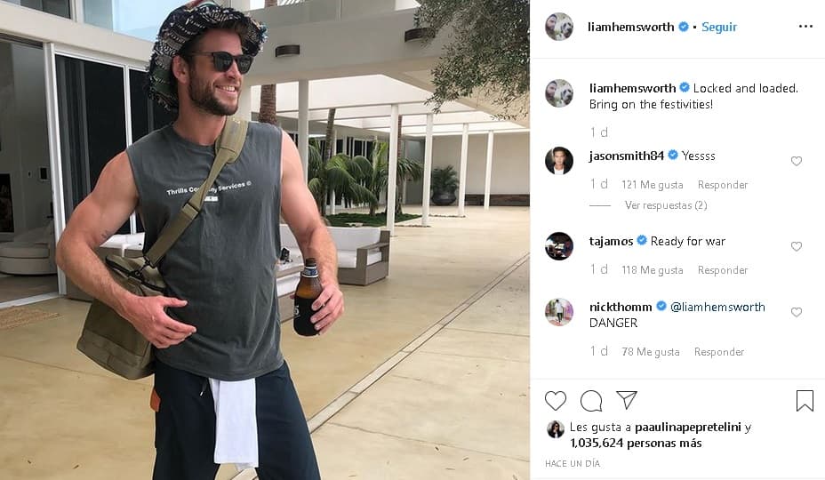 "
<b><a href="https://www.univision.com/famosos/las-fotos-de-liam-hemsworth-tomado-de-la-mano-con-una-actriz-en-nueva-york-fotos" target="_blank">Seguro y recargado</a></b> ¡Tráiganme las fiestas!", escribió como pie de la imagen. 
<br>