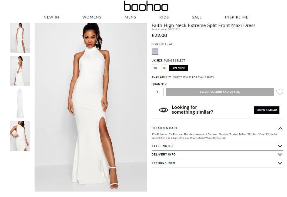 La tienda en línea de la marca Boohoo tiene este modelo, la diferencia recae en la abertura que tiene la falda y que llega más arriba de la rodilla. El precio es de tan solo 29 dólares.