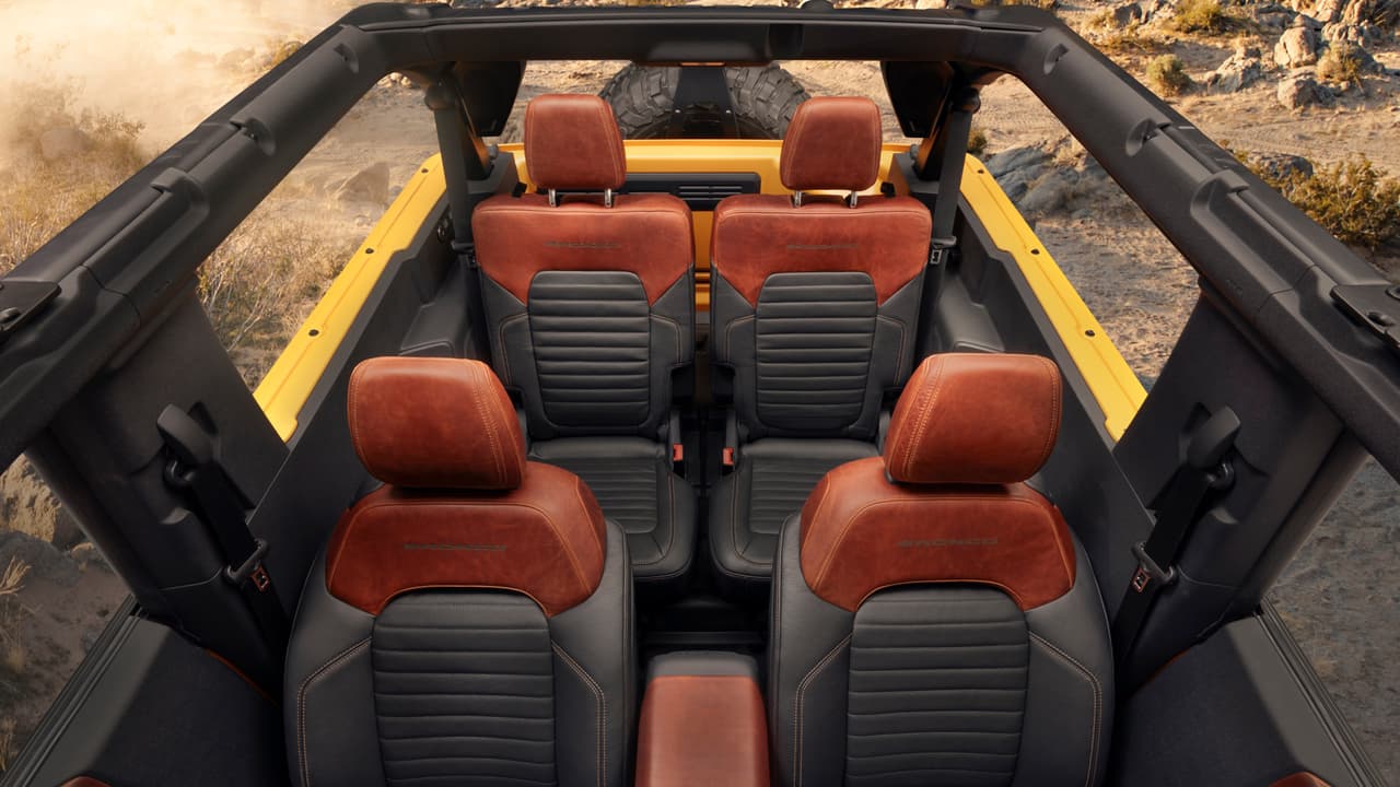 Colors and materials are inspired by natural palettes and outdoor gear in this prototype version of the all-new 2021 Bronco (not representative of production model). With off-road functionality paramount, materials are tough and rugged. (Static display on private property with aftermarket accessories not available for sale.)