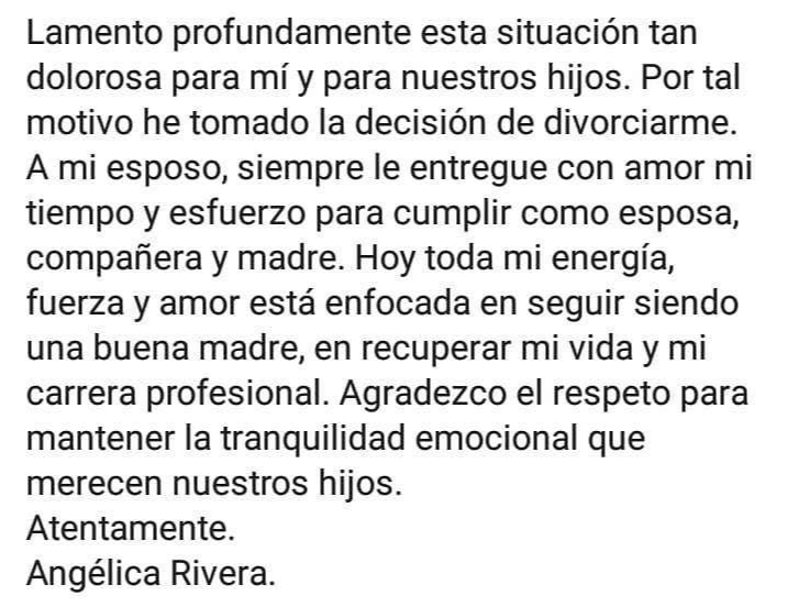 Con este mensaje publicado en Instagram, la actriz confirmó que su matrimonio con el expresidente mexicano había terminado.