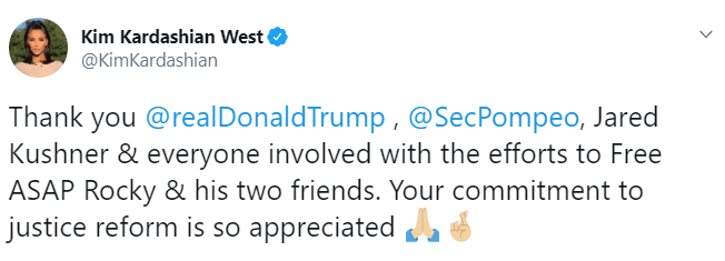 Por su parte, Kim Kardashian publicó en esa misma red social su agradecimiento a Trump, al secretario de Estado Mike Pompeo y al yerno y asesor de Trump, Jared Kushner "y todos los involucrados en los esfuerzos por liberar a A$AP Rocky y sus dos amigos".