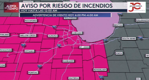Toda el área de color fucsia, está bajo un aviso por riesgo de incendios, que durará hasta las 12:00 a.m., del sábado 15 de marzo. El riesgo se produce por vientos que alcanzarían 50 Mph, condiciones secas y temperaturas cálidas, explica la presentadora de El Tiempo, Valeria López.