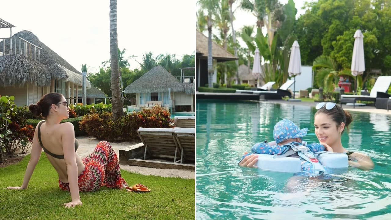 Nadia Ferreira y su hijo en el área de piscina de El Oasis.