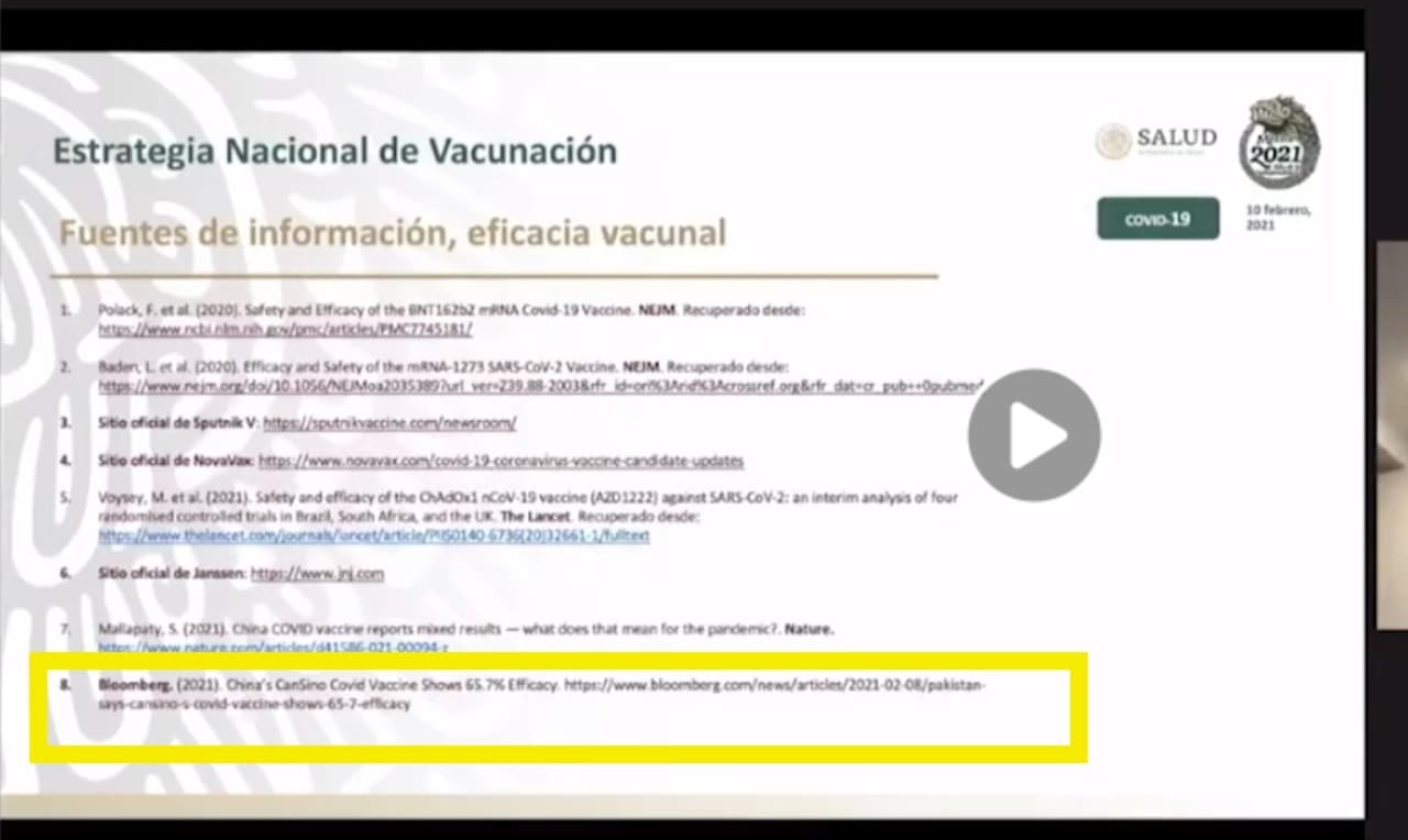 El subsecretario de salud mexicano Hugo López-Gatell presentó a la Academia Nacional de Medicina de México datos de eficacia de la vacuna CanSino basados en una nota periodística.