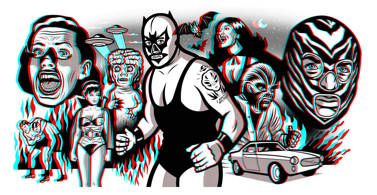 <b>Lucha munktiki 3D.</b> De marzo a junio de 2016, Alderete 
<a href="http://www.jorgealderete.com/subte/">expuso en la estación Bellas Artes del metro CDMX una colección que llamó 'Subte';</a> en ella incluyó imágenes en 3D como ésta... y así replanteó el uso de los espacios de tránsito como posibilidades para mostrar propuestas interesantes.