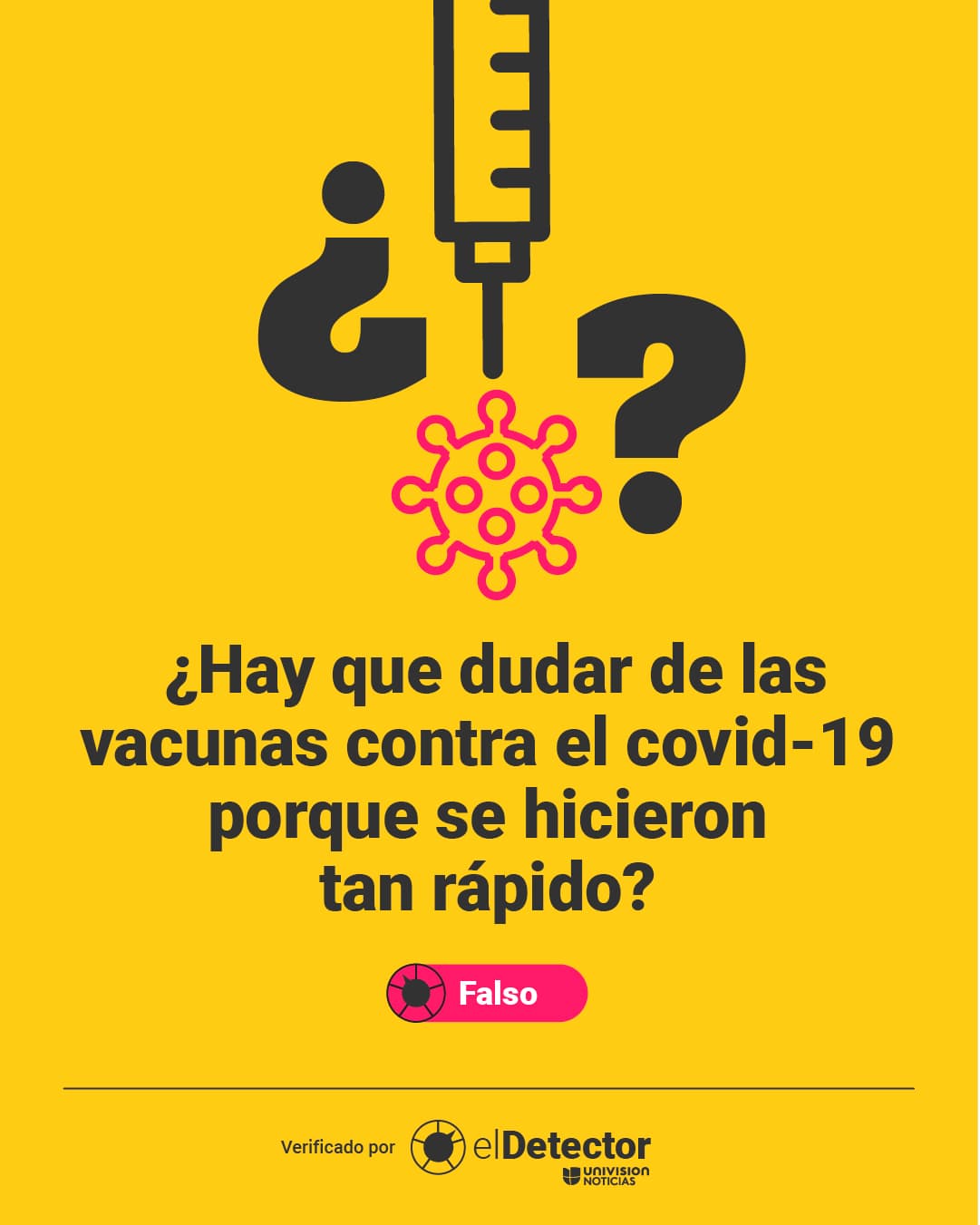Antes una vacuna tradicional tardaba unos 15 años para desarrollarse (excepto la vacuna de las paperas que se fabricó en cuatro). Sin embargo, las vacunas del covid-19 se hicieron en menos de un año. ¿Hay que dudar de ellas? No. 
<a href="//www.univision.com/noticias/dudas-vacunas-fabricacion-rapida-falso" target="_blank">Lee por qué en </a>
<a href="//www.univision.com/noticias/dudas-vacunas-fabricacion-rapida-falso" target="_blank"><b>El Detector</b></a>
<a href="//www.univision.com/noticias/dudas-vacunas-fabricacion-rapida-falso" target="_blank"> </a>. 
<br>