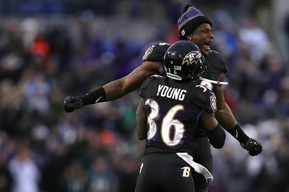 BALTIMORE, MD - DECEMBER 18: Linebacker Patrick Onwuasor #48 of the Baltimore Ravens cekebrates with teammate cornerback Tavon Young #36 after the Baltimore Ravens defeated the Philadelphia Eagles 27-26 at M&T Bank Stadium on December 18, 2016 in Baltimore, Maryland. (Photo by Patrick Smith/Getty Images)