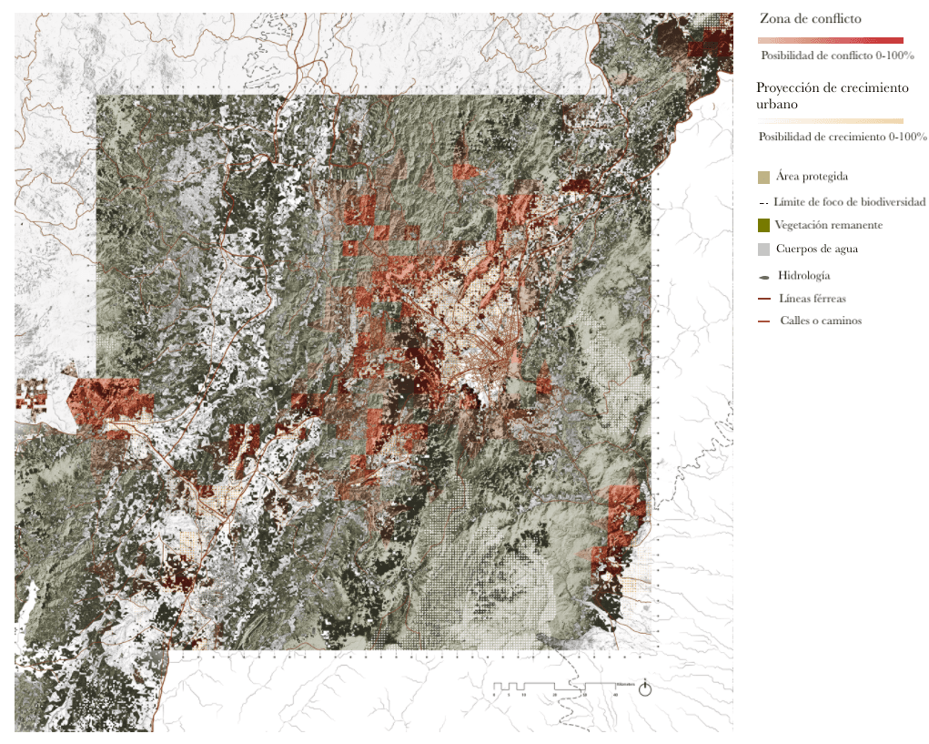Aquí se aprecian las zonas de conflicto entre expansión urbana y biodiversidad en Bogotá, Colombia. Mientras más rojo, más compleja es la situación.