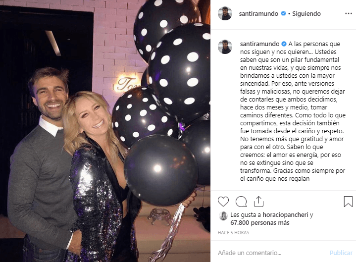 El mensaje, publicado de manera simultánea en la cuenta de Instagram de cada uno, causó sorpresa entre el público y la prensa considerando fechas y las muestras de cariño que llegaron a manifestarse justo dos meses y medio antes, cuando la relación supuestamente estaría en sus últimos días.