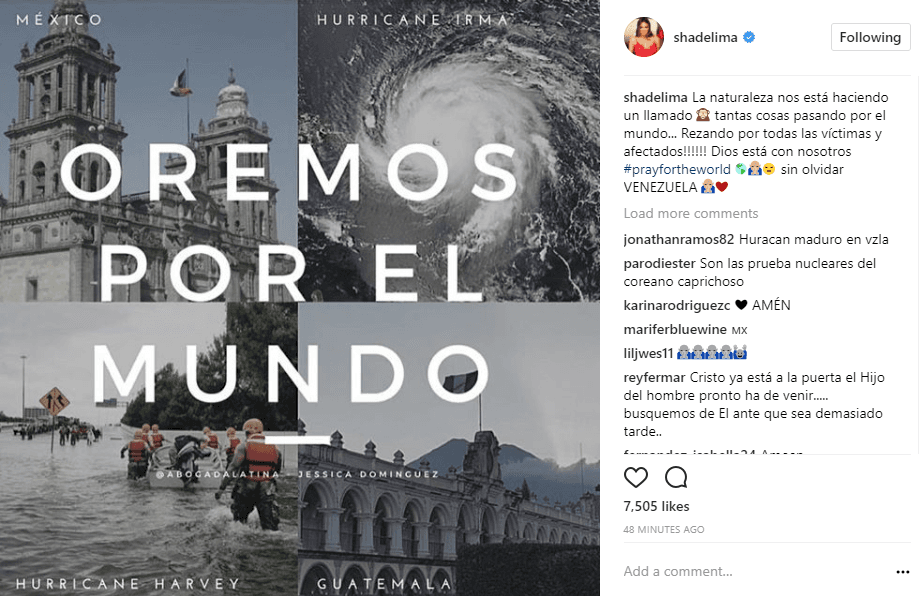 La modelo de origen venezolano y exesposa del salsero Marc Anthony, publicó en su cuenta de Instagram una imagen en la que pidió orar por el mundo. "La naturaleza nos está haciendo un llamado, tantas cosas pasando por el mundo... ¡Rezando por todas las víctimas y afectados! Dios está con nosotros #prayfortheworld".