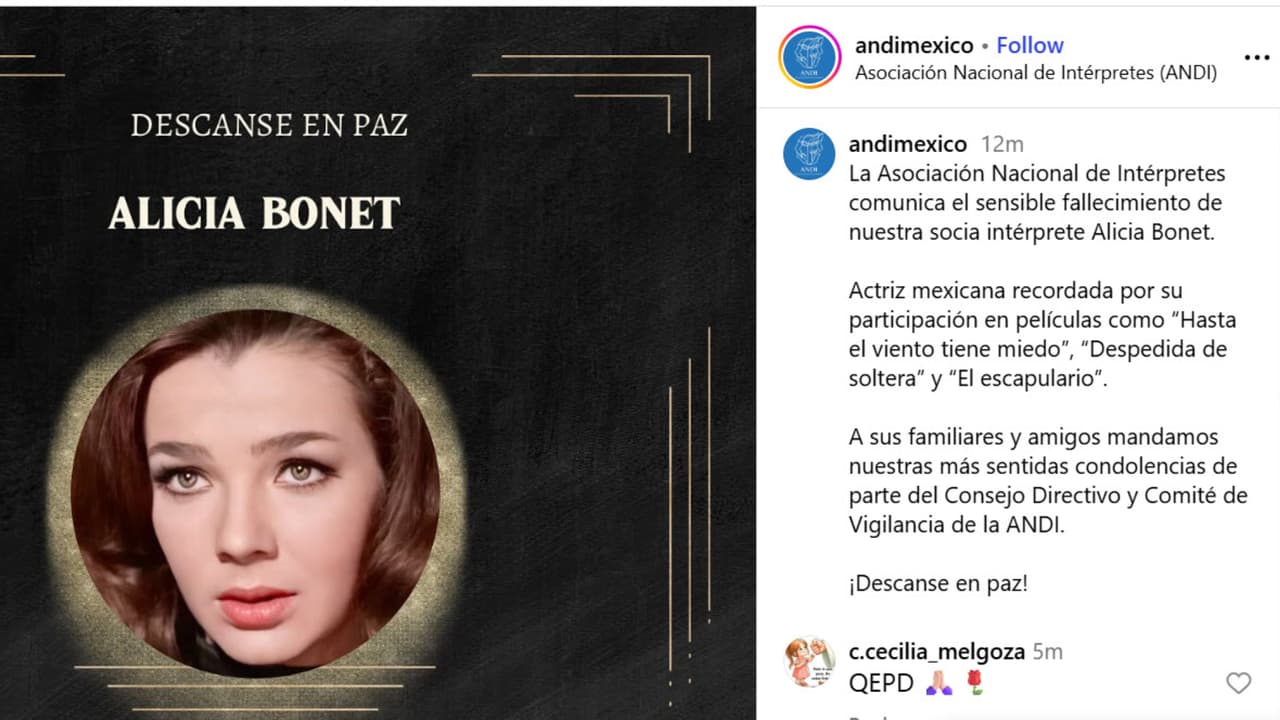 Así se anunció la muerte de la veterana actriz Alicia Bonet.