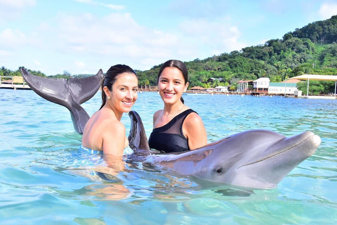 La más chica de los Interiano también se sumergió en el mar para acariciar a los delfines de Roatan.