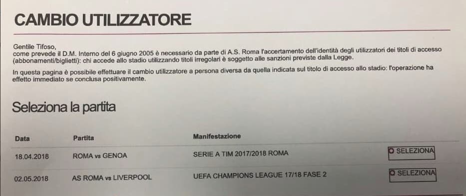 Así se veía la supesta página de la Roma antes del sorteo.