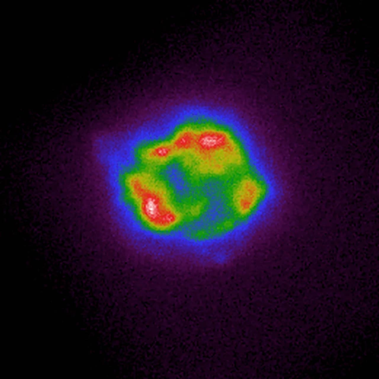 Esta imagen del Explorador de Polarimetría de rayos X de imágenes de la NASA mapea la intensidad de los rayos X del remanente de la supernova Cassiopeia A. Los colores que van desde el púrpura y el azul hasta el rojo y el blanco cálido se corresponden con el aumento del brillo de los rayos X. La imagen fue creada utilizando datos recopilados por IXPE entre el 11 y el 18 de enero.