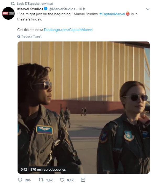 Mientras la actriz le mandaba una indirecta a través de las redes sociales, Louis D'Esposito hacía promoción de la nueva película de Marvel en Twitter.
<br>