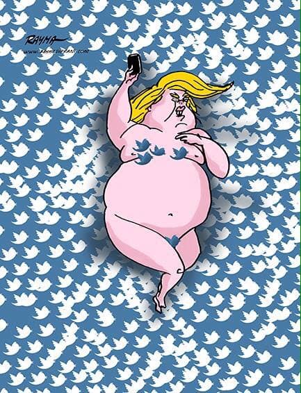 A Rayma le gusta recurrir a la iconografía cinematográfica en sus trabajos como lenguaje universal como en esta caricatura en la que representa a Donald Trump al estilo de la cinta 'American Beauty' pero en un lecho de pájaros de Twitter, un medio al que recurre el presidente habitualmente para lanzar sus mensajes.