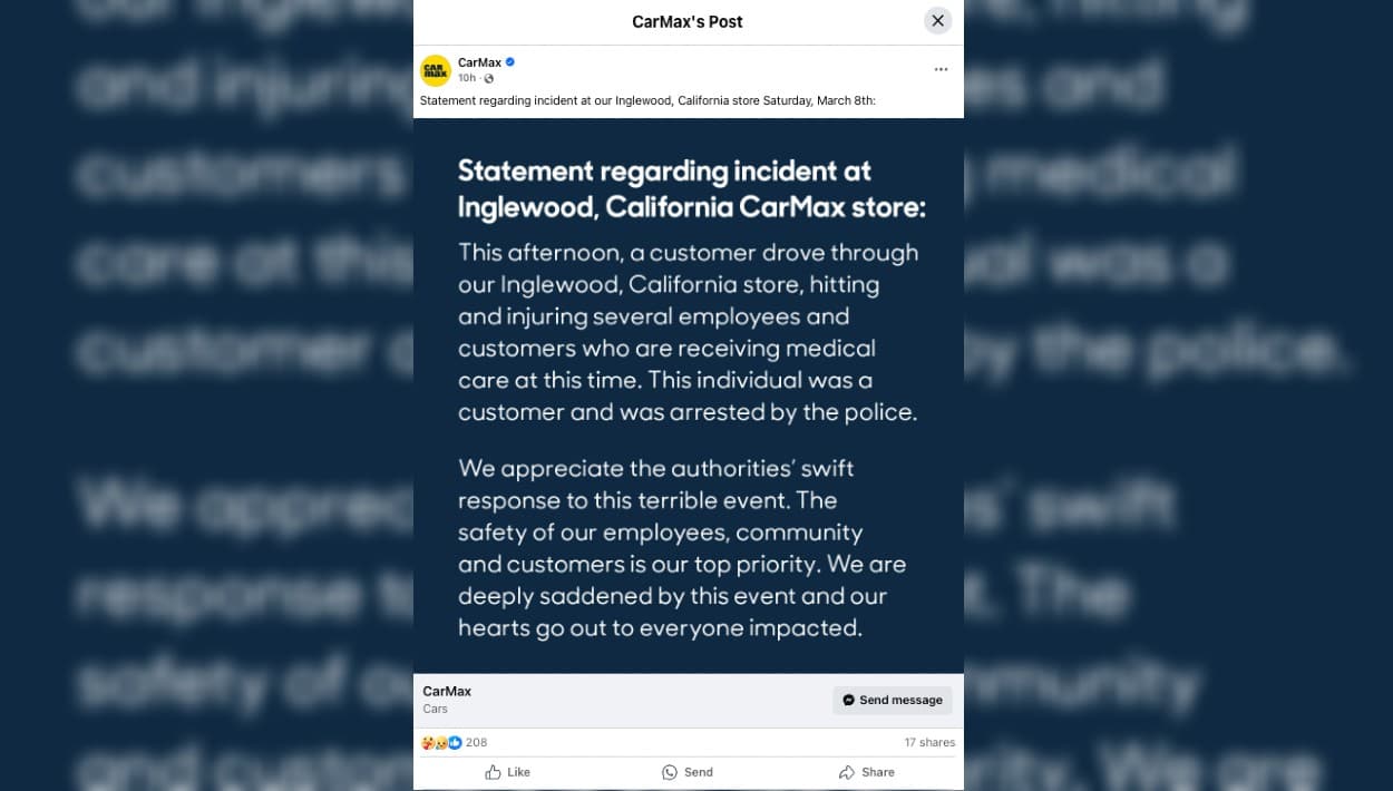 Comunicado de CarMax sobre el incidente en el concesionario de Inglewood, California.