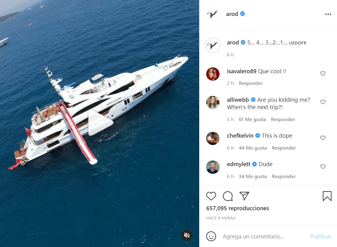 La mañana de este 24 de julio compartió un video del
<b><a href="https://www.univision.com/famosos/no-solo-jlo-se-reencuentra-con-un-viejo-amor-a-rod-se-va-a-hacer-ejercicio-con-su-exesposa-video">enorme yate</a></b> en el que está disfrutando del viaje.
<br>