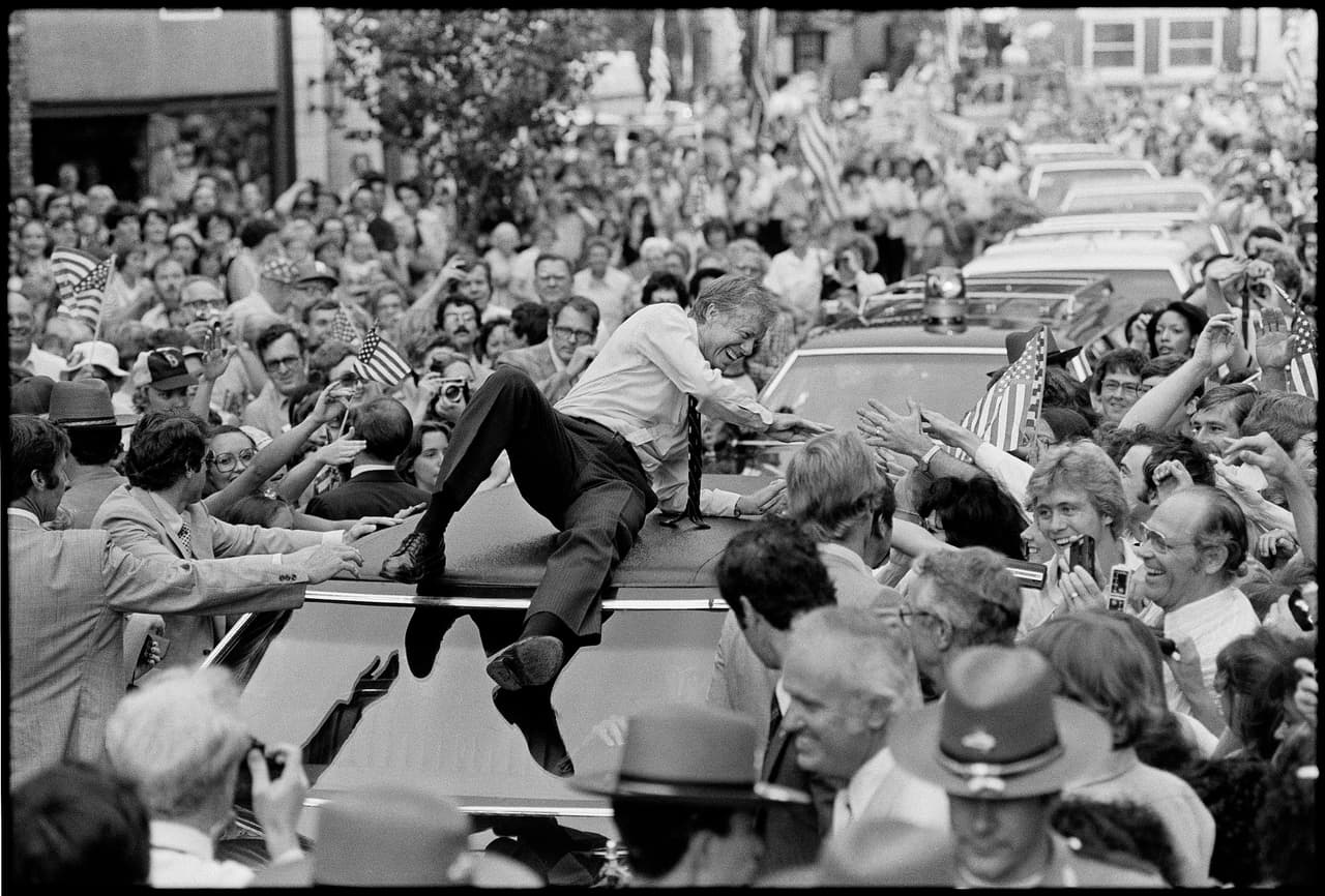 Jimmy Carter en un encuentro con sus seguidores en Bardstown, Kentucky, cuando hacía campaña para reelegirse como presidente en julio de 1979. 
<br>