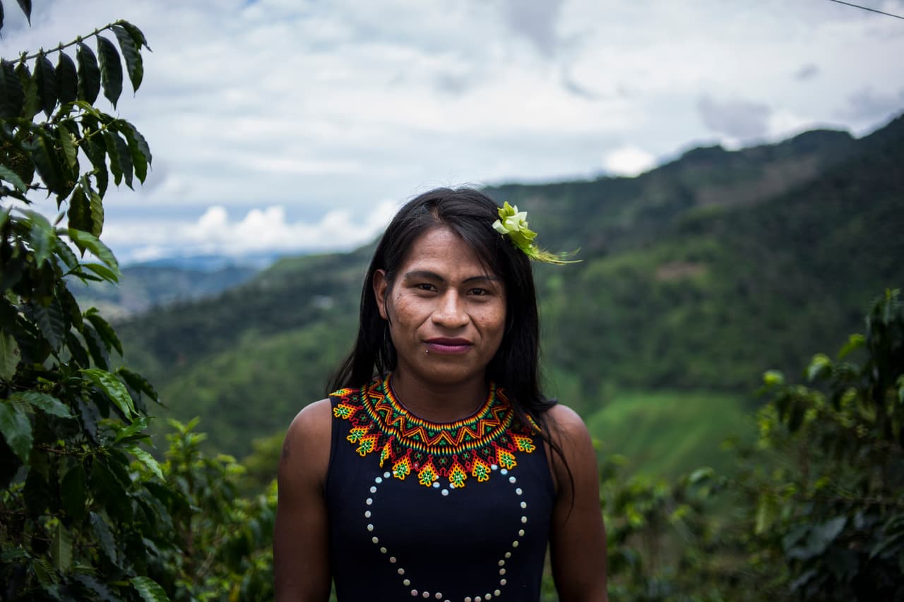 Mariana es una mujer transgénero indígena Embera. Trabaja junto a varias compañeras de su etnia recolectando granos de café en Santuario, Colombia. Los cuerpos menudos pero fuertes de las indígenas Embera son apreciados para la faena de recolección en las haciendas cafetaleras.