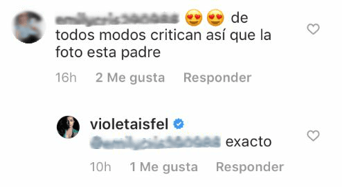Violeta continuó recibiendo comentarios a favor de esta inusual instantánea en su perfil DE Instagram