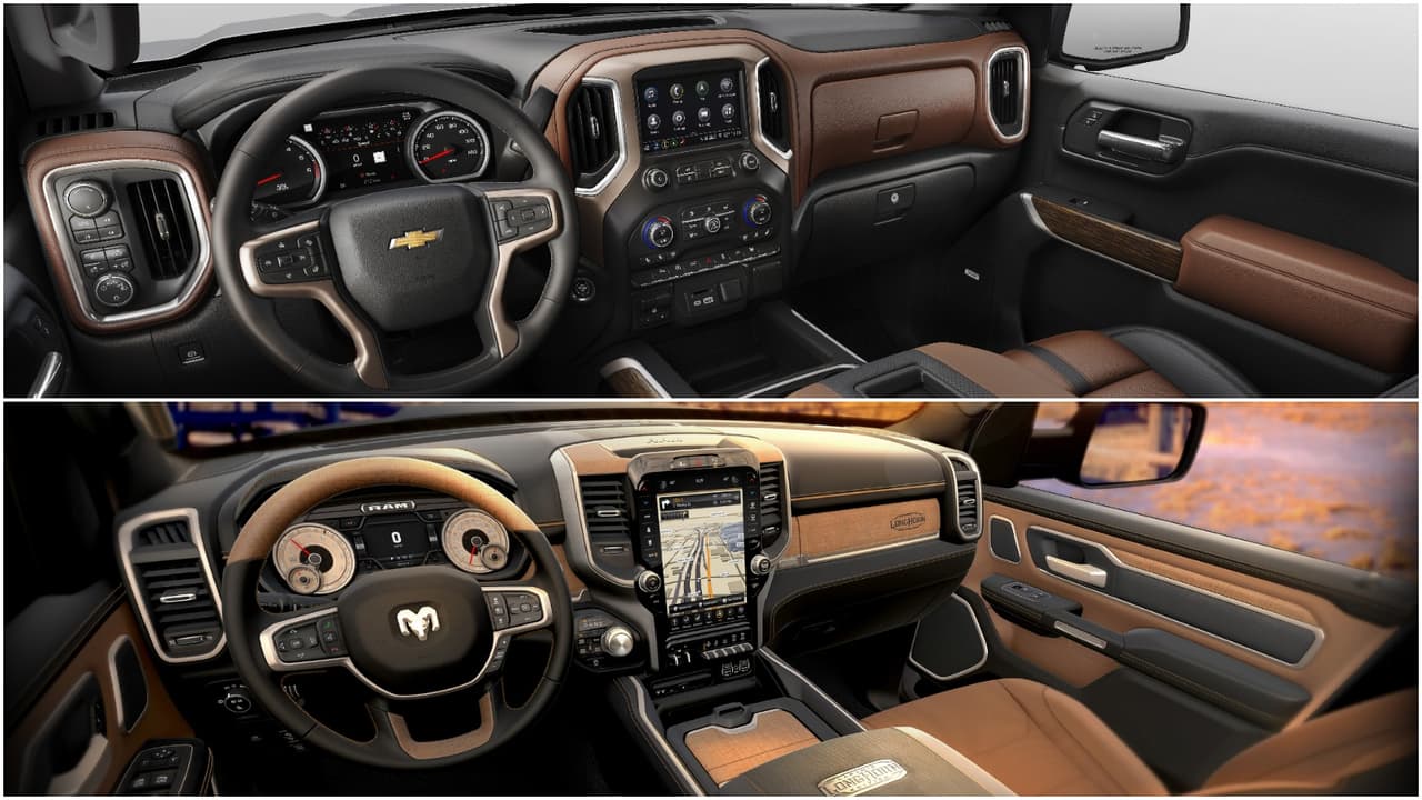 <h3 class="cms-h3-H3">Interior.</h3>
<br>
<br>Ambos fabricantes fueron por la vía evolutiva en el diseño del interior de sus nuevas camionetas pickup. De hecho, el interior de la Chevrolet Silverado luce muy parecido al del vehículo que reemplaza. Sin embargo es más grande, ofreciendo 3 pulgadas más que antes de espacio para las piernas en el asiento trasero en las versiones de cabina doble. Un excelente detalle en la Silverado son unos
<b>compartimientos de carga de 10 litros cada uno</b> accesibles a través de una portezuela en los respaldos de los asientos traseros.
<br>
<br>Sin querer tomar partido, no podemos dejar de decir que la cabina de la Ram es hermosa y elegante. En las versiones más lujosas como la Limited o la Laramie Longhorn la atención al detalle es intensa para tratarse de una camioneta pickup. La longitud de la cabina crece 4 pulgadas en esta generación de la Ram y el nuevo diseño de la consola puede ser configurado de
<b>12 maneras distintas</b>.
