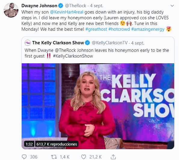 "Cuando mi hijo Kevin Hart cae por una lesión, su gran padre interviene. Dejé mi luna de miel (Lauren lo aprobó porque ama a Kelly) y ahora Kelly y yo somos nuevos amigos", comentó Dwayne Johnson en Twitter.