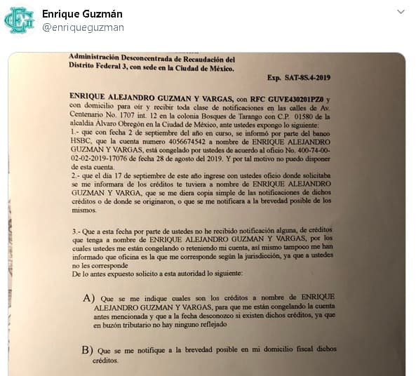 Hasta el momento, el SAT no ha emitido algún comunicado respecto a la denuncia del padre de Alejandra Guzmán. Mientras tanto, el cantante publicó la noche del martes
<b><a href="https://twitter.com/enriqueguzman/status/1191901518208753664" target="_blank">el documento</a></b> que mandó a la institución para esclarecer su situación.
