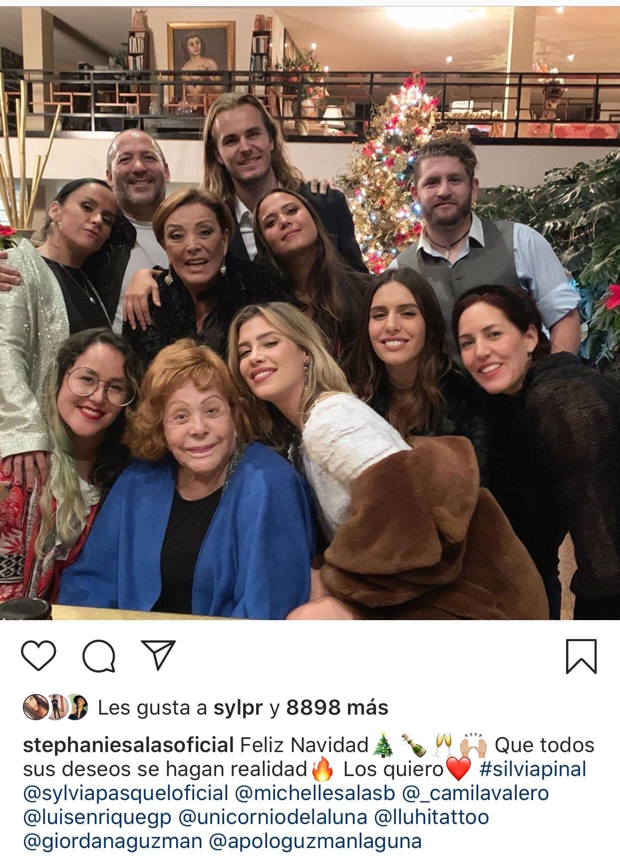 El miércoles 25 de diciembre, en plena Navidad, 
<b><a href="https://www.instagram.com/stephaniesalasoficial/?hl=es-la">Stephanie Salas</a></b> publicó en su cuenta de Instagram esta imagen en la que destaca su abuela Silvia Pinal acompañada por sus hijos Luis Enrique Guzmán y Sylvia Pasquel; sus otras nietas Schersa y Giordana Guzmán; y sus bisnietas Michelle Salas y Camila Valero. La matriarca de la familia compartió esta imagen señalando que se trataba de "parte" de la dinastía Pinal.