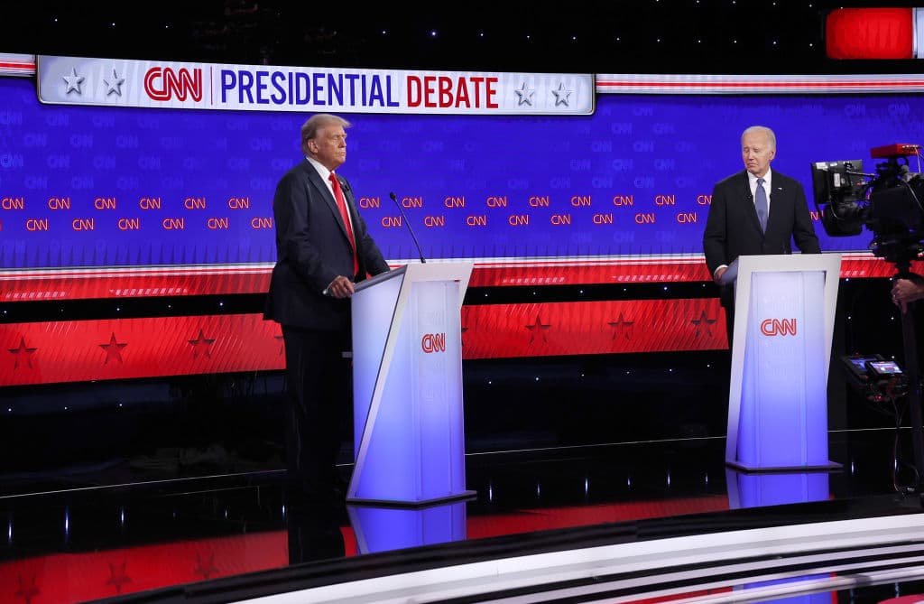 ATLANTA, GEORGIA - JUNE 27: U.S. President Joe Biden and Republican presidential candidate, former U.S. President Donald Trump participate in the CNN Presidential Debate at the CNN Studios on June 27, 2024 in Atlanta, Georgia. President Biden and former President Trump are facing off in the first presidential debate of the 2024 campaign. (Photo by Justin Sullivan/Getty Images)