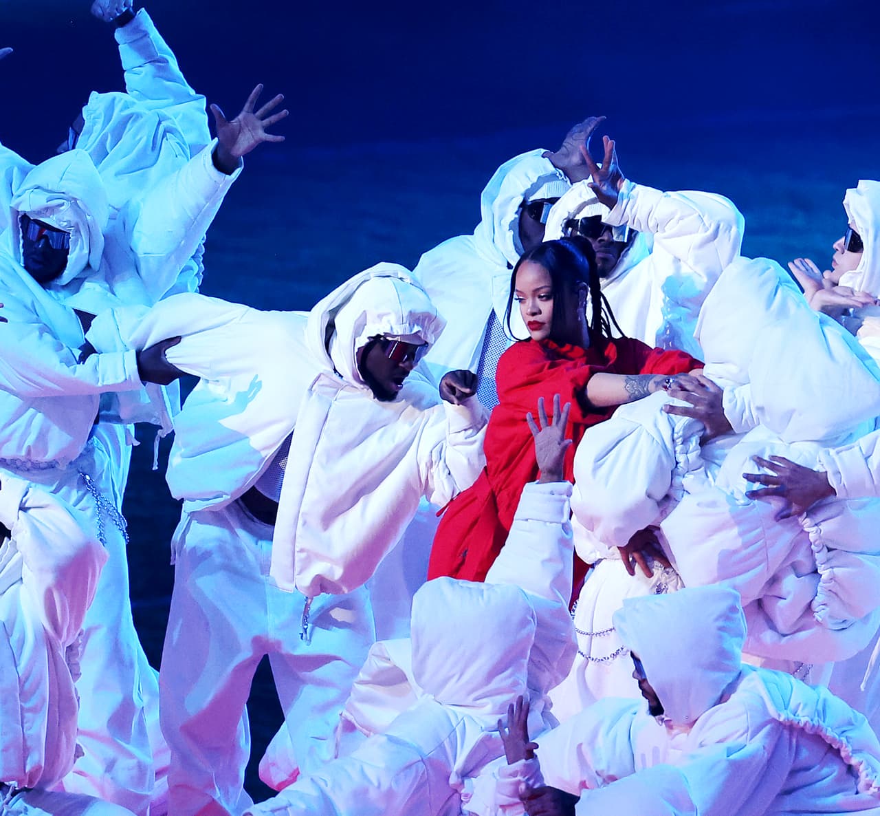 GLENDALE, ARIZONA - FEBRUARY 12: Rihanna performs onstage during the Apple Music Super Bowl LVII Halftime Show at State Farm Stadium on February 12, 2023 in Glendale, Arizona. (Photo by Mike Coppola/Getty Images)