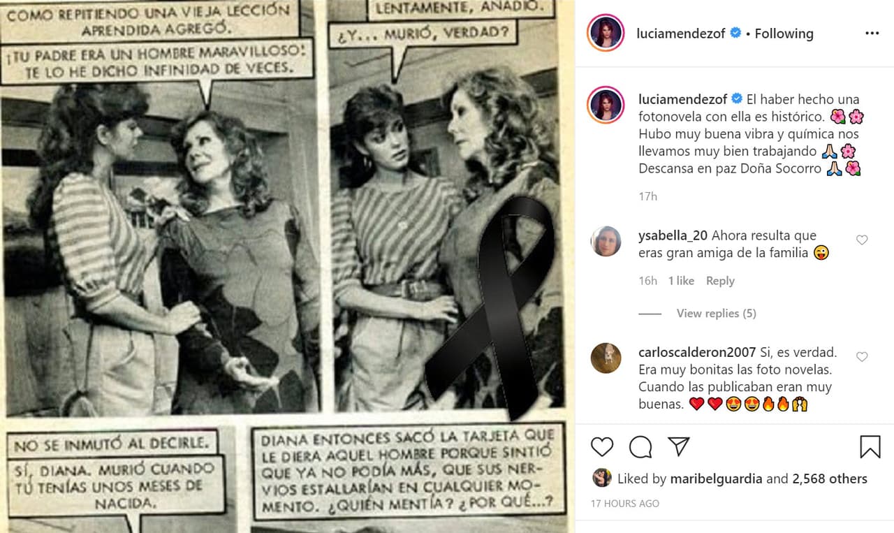 En esa red social, publicó la imagen de 
<b><a href="https://www.instagram.com/p/B_ao8vjHOXY/" target="_blank">una fotonovela </a></b>de antaño en la que actuó al lado de doña Socorro: "El haber hecho una fotonovela con ella es histórico", escribió Méndez, de 65 años. 
<br>