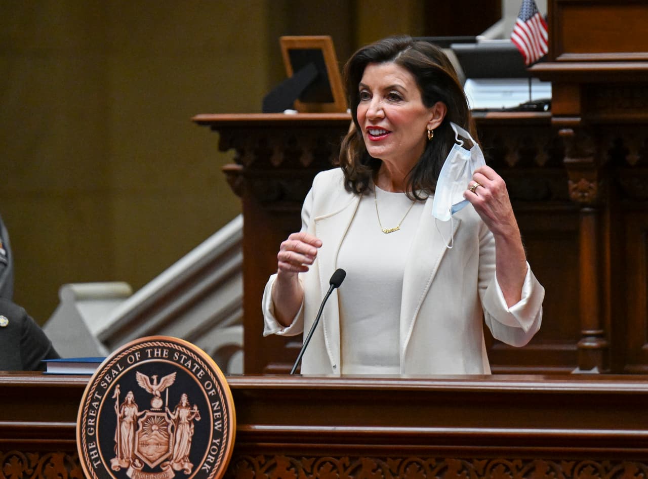 New York Gov. Kathy Hochul delivers her first State of the State address in the Assembly Chamber at the state Capitol, Wednesday, Jan. 5, 2022, in Albany, N.Y. (AP Photo/Hans Pennink, Pool)