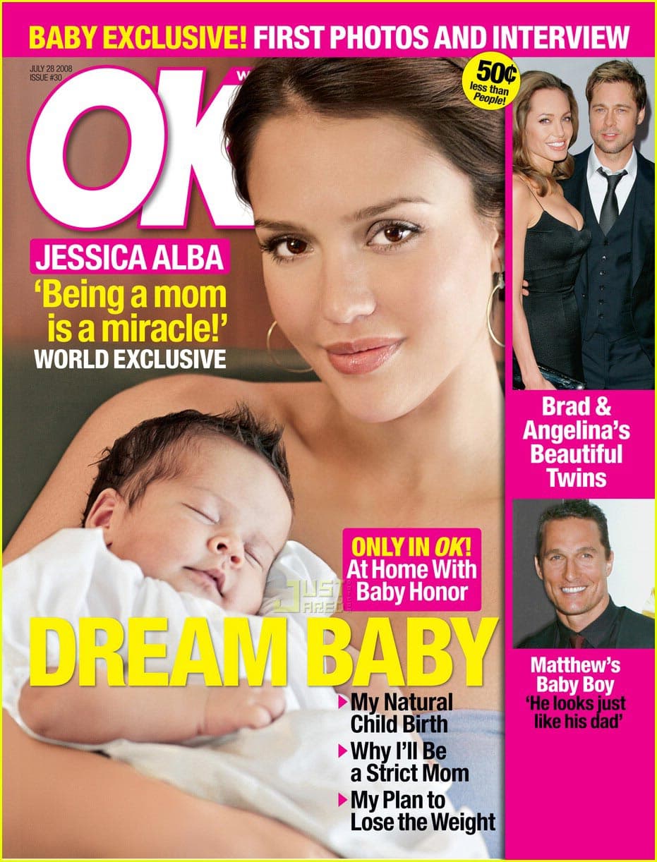 July 2008. The photos of Honor, Jessica Alba’s son, cost OK US$1.5 million, according to the
<b><a href="http://www.today.com/id/25709885/ns/today-today_entertainment/t/jessica-alba-poses-honor-cover-ok/#.Ws0nrpPwYsk">Associated Press</a></b>.