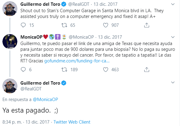 También, el 13 de diciembre de 2017 pagó la biopsia de una mujer mexicana que necesitaba saber si había recaído en el cáncer.