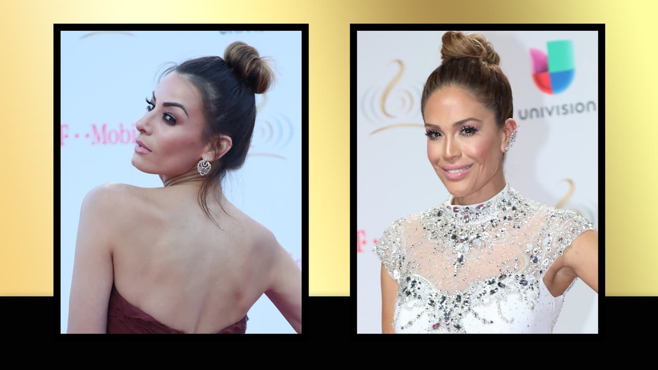 Nastassja Bolívar y Karla Martínez con un 
<i>hair bun</i>. 
<a href="http://www.univision.com/especiales/premio-lo-nuestro/las-famosas-desfilan-con-espectaculares-peinados-fotos" target="_blank">Más peinados aquí.</a>