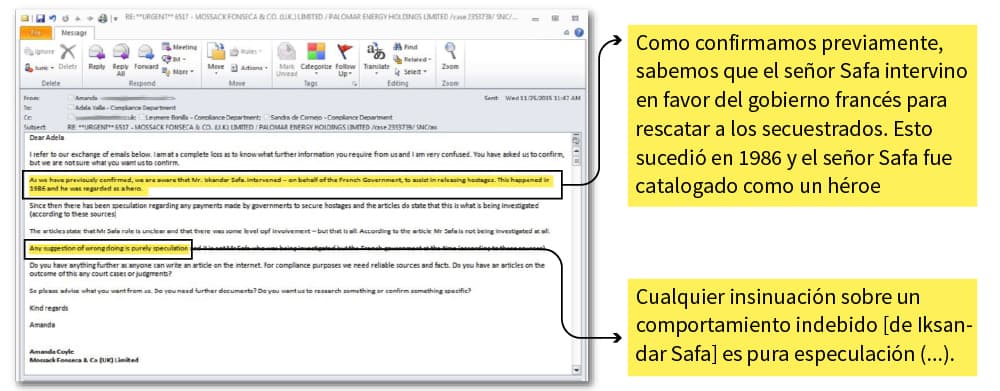 Email de Amanda Coyle a la funcionaria de cumplimiento de MossFon Adela Valle