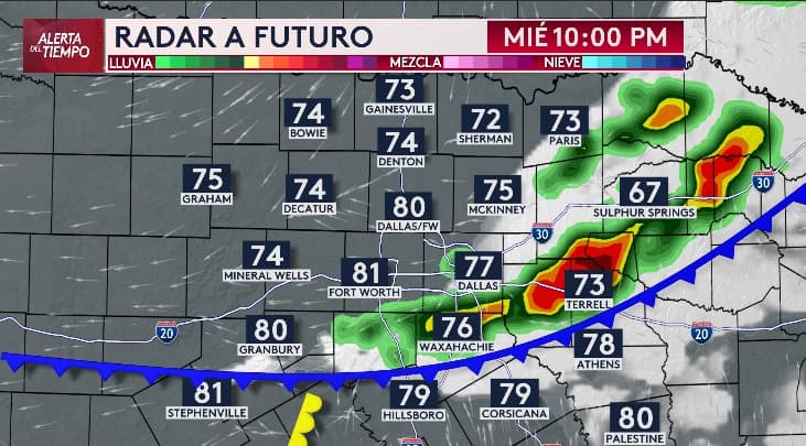 En el radar a futuro podemos ver que a las 10:00pm el este del Metroplex tendrá el mayor riesgo de ver fuertes tormentas.