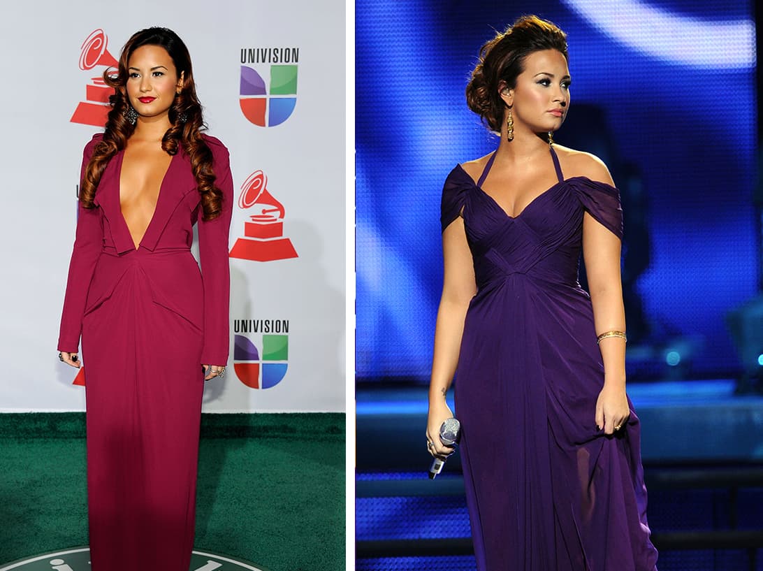 <b><span class="cms-h3-H3">DEMI LOVATO.</span></b> La cantante fue una de las invitadas de 2011. En la alfombra lució un vestido color cereza un tanto revelador y para el escenario también fue de vestido largo, esta vez eligió un color morado.