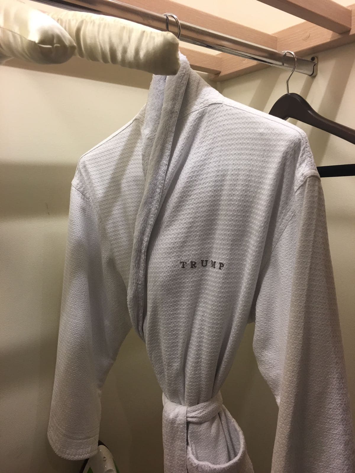 Numerous items in the rooms are adorned with Trump's name, from bathrobes to soap and mouthwash. The bathrobe is available for purchase.