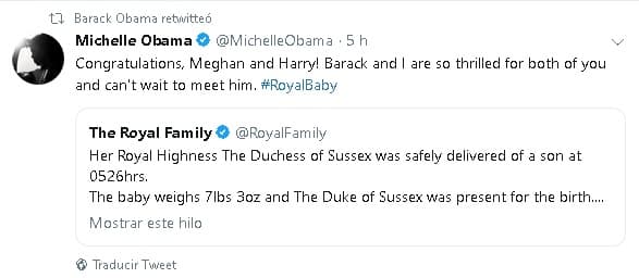 “¡Felicidades, Meghan y Harry! 
<b>Barack y yo estamos muy emocionados por ustedes</b> y no podemos esperar para conocerlo (al bebé) #RoyalBaby”, escribió 
<b><a href="https://twitter.com/MichelleObama" target="_blank">Michelle Obama en Twitter</a></b>.