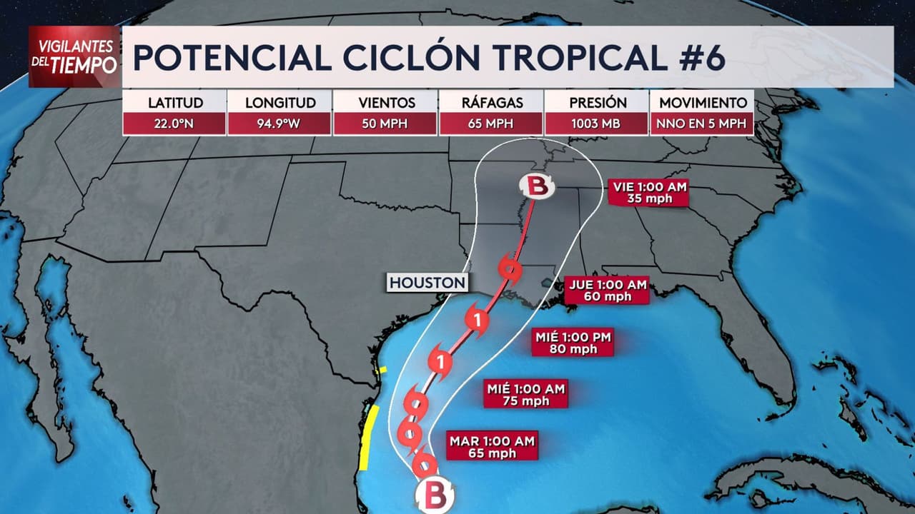 No, hasta el momento Houston no está en el cono de trayectoria del Potencial Ciclón Tropical #6 