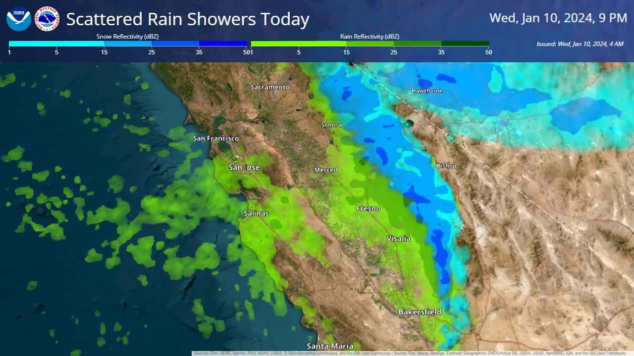 Para las 9 pm, las lluvias se habrán ido de San Francisco, pero aún seguirán en San José y la Costa Central. Se comienza a despejar un poco la zona de Merced, pero persisten los chubascos en Fresno, Visalia y Baskerfield.