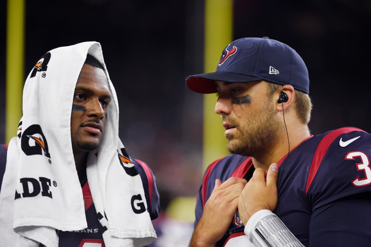 Houston Texans quarterback Deshaun Watson, left, and quarterback Tom Savage (3) during the second half of an NFL preseason football game against the New England Patriots Saturday, Aug. 19, 2017, in Houston. (AP Photo/Eric Christian Smith)